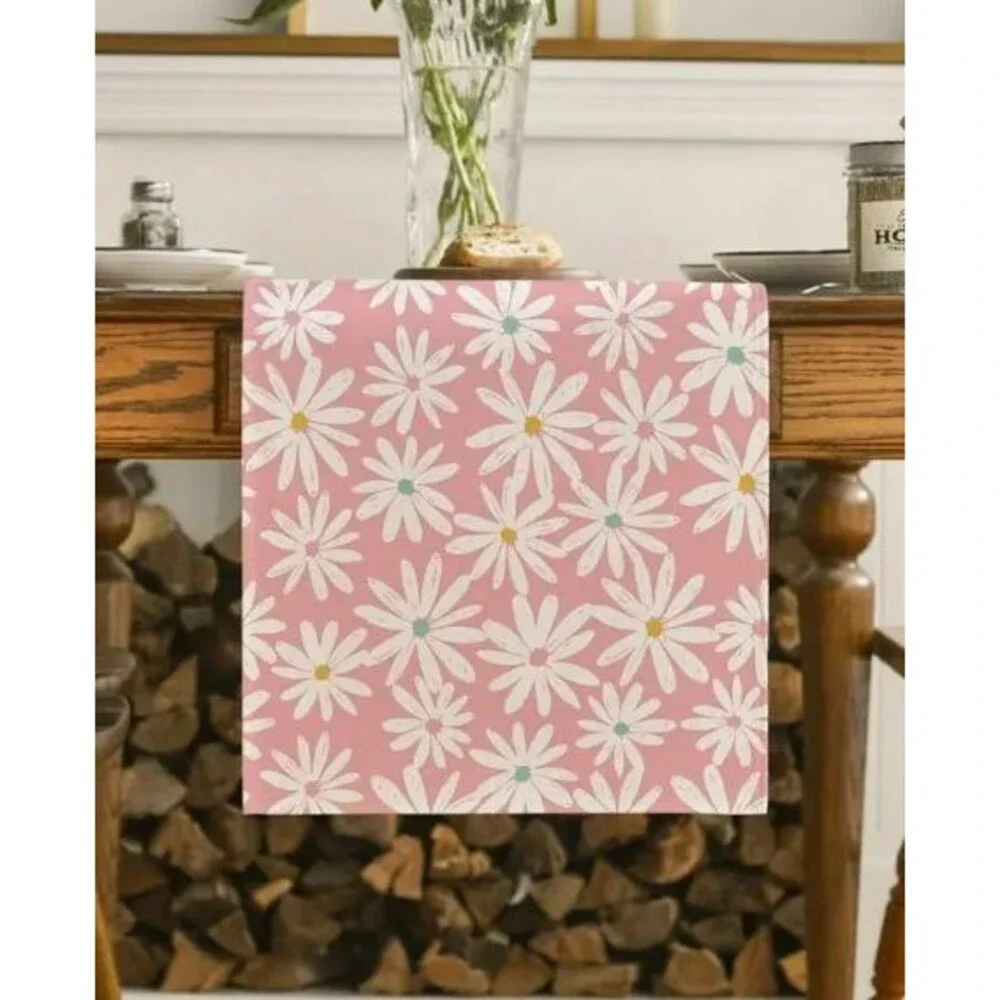Table Runner 13x72in Woven Polyester Pink Daisies Spring Floral
